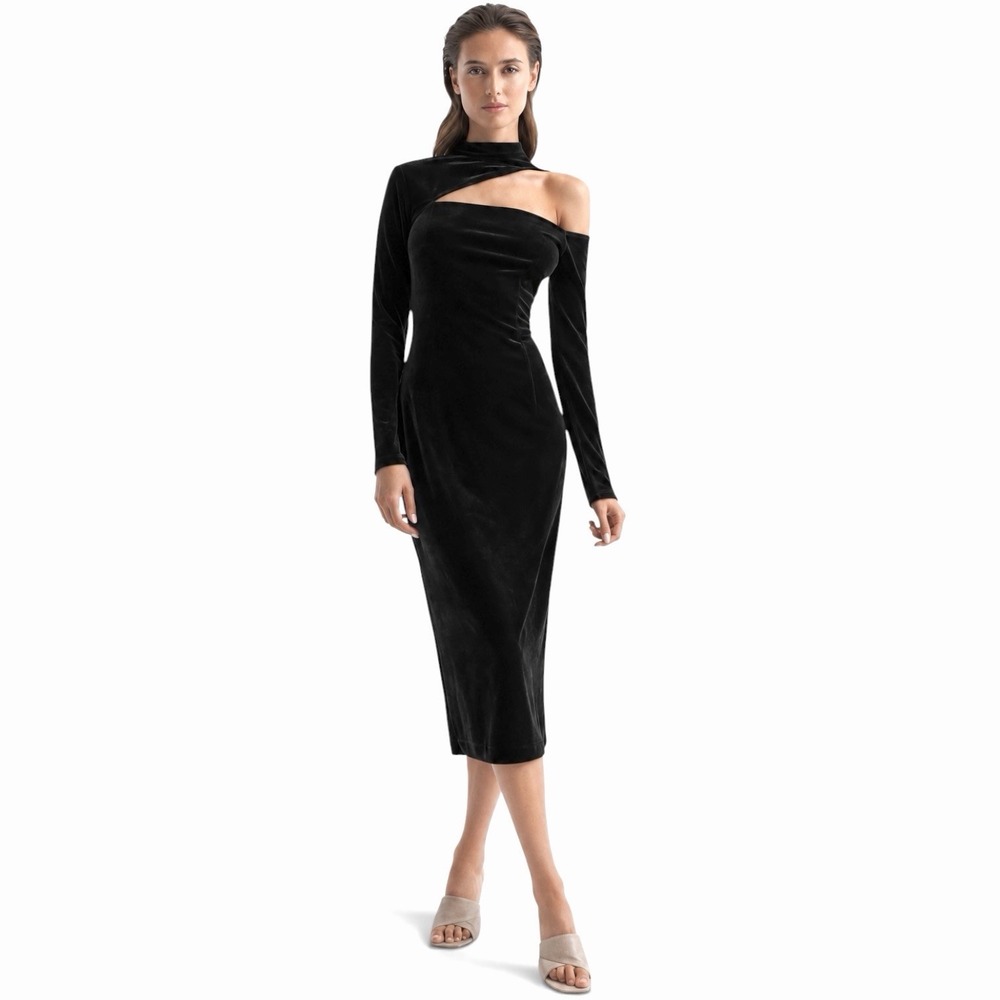Reiss Tatiana Long Sleeve Black Velvet Midi Dress